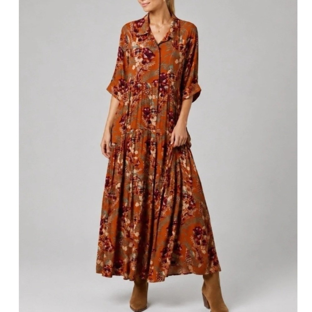 Natural Life Rebecca Maxi Dress Women's XXL Rayon Pumpkin Orange Floral Boho